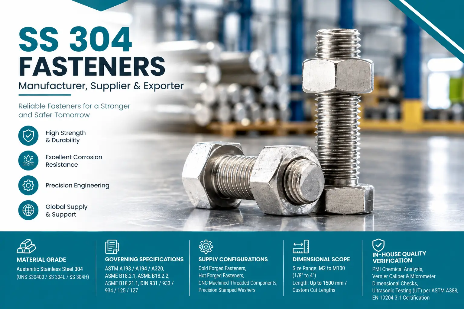 UNS S30400 stainless steel nuts and bolts prepared for industrial fastening and export dispatch