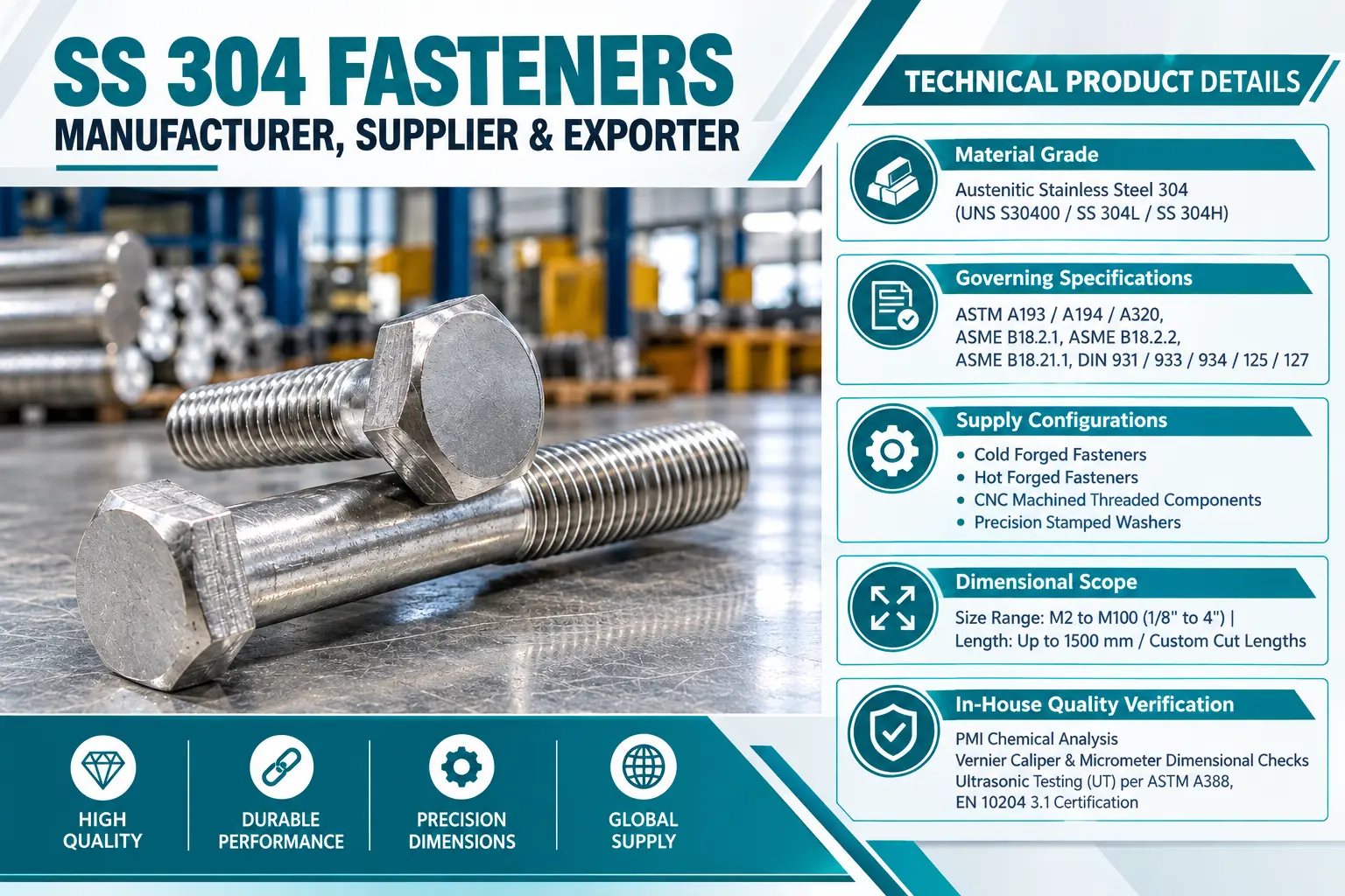 Stainless Steel 304 bolts, nuts and washers stored as industrial fastener stock for fabrication requirements