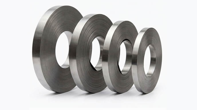 Precision slit SS 202 8K mirror finish strip coils stacked in warehouse stock