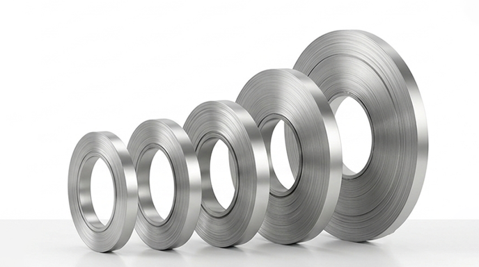 Precision slit SS 430 2B finish strip coil stored in stockyard
