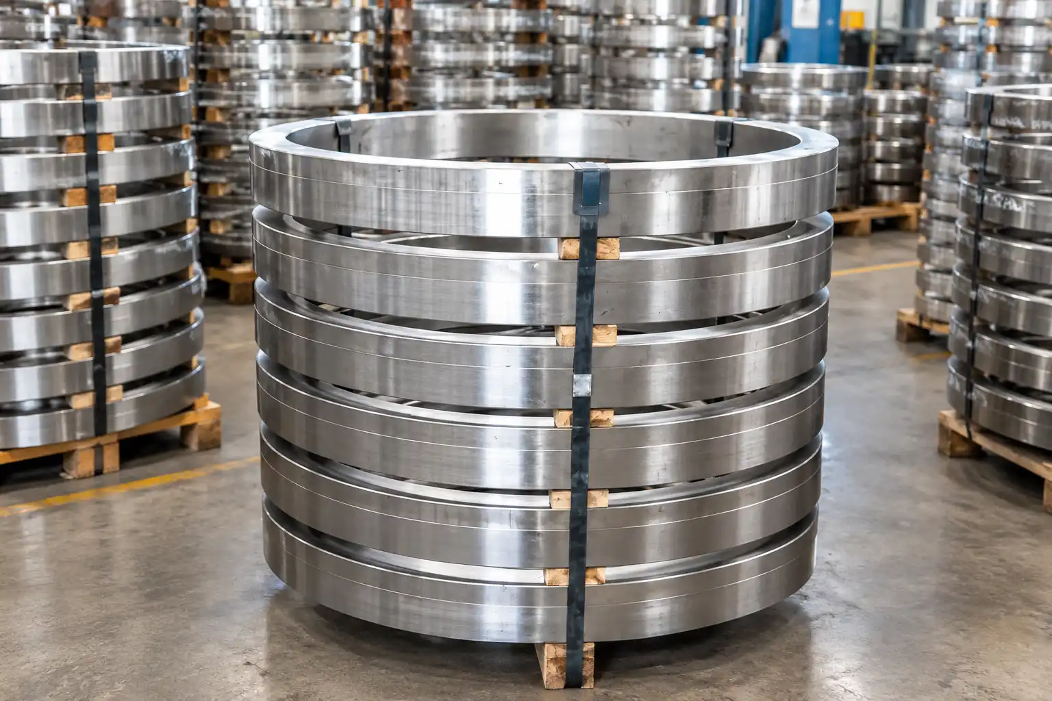 Precision forged rolled rings and waterjet cut stainless steel discs for industrial machinery