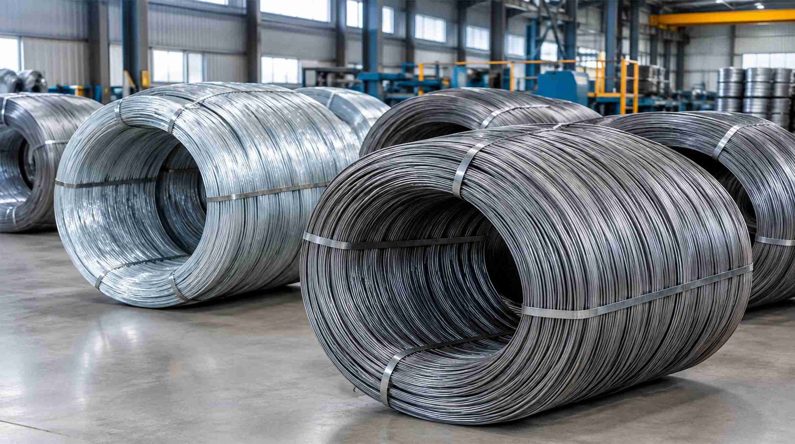 Precision-drawn stainless steel, copper, and aluminium wire spools and coils in export warehouse