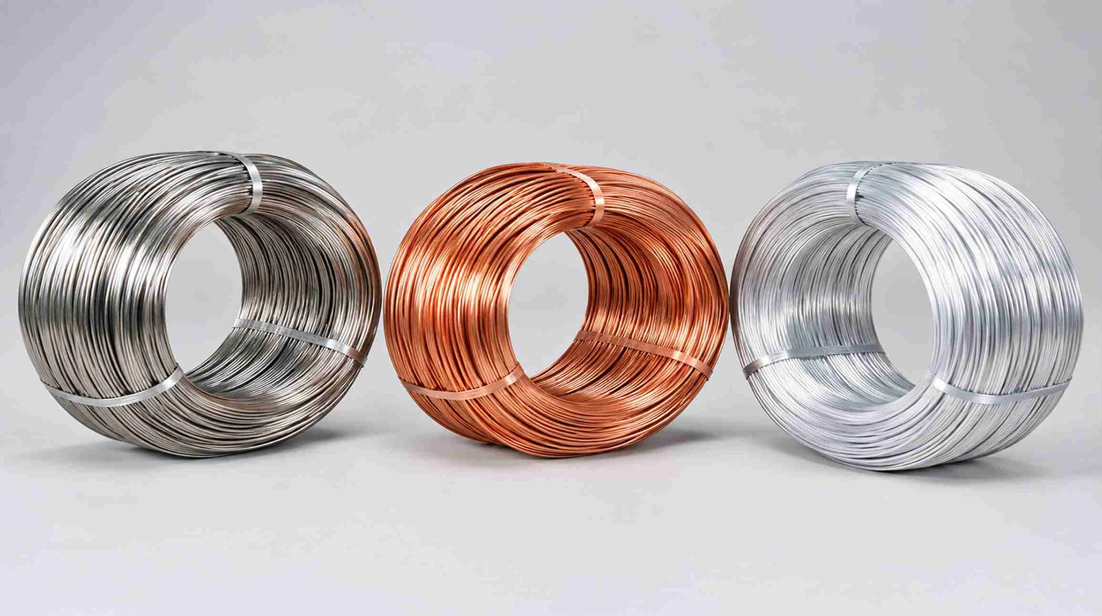Precision-drawn stainless steel, copper, and aluminium wire spools and coils in export warehouse